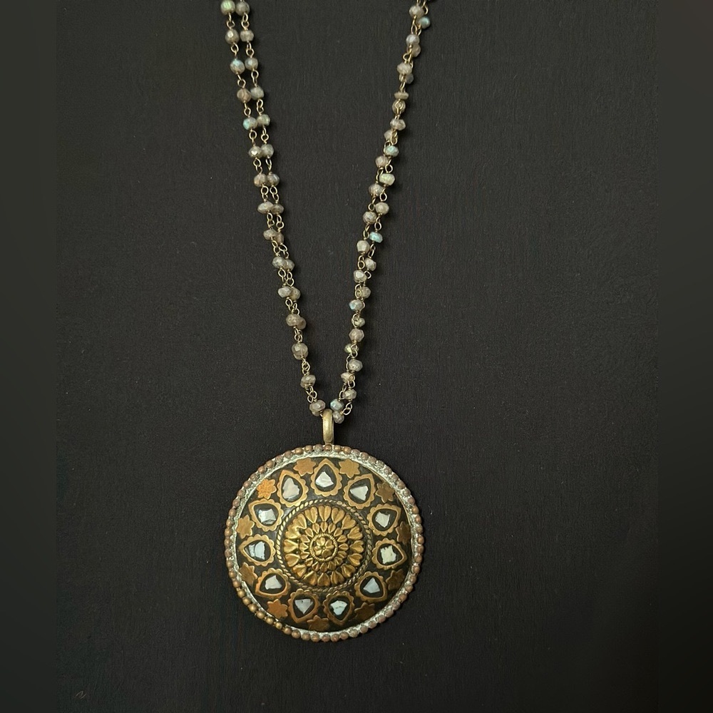 Vintage Long Pendant Necklace: Labradorite Beads, Bone-Inlay, 14K Gold Plate
